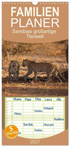 Produktbild: Familienplaner 2027 - Sambias gro&szlig;artige Tierwelt mit 5 Spalten (Wandkalender, 21 x 45 cm) CALVENDO