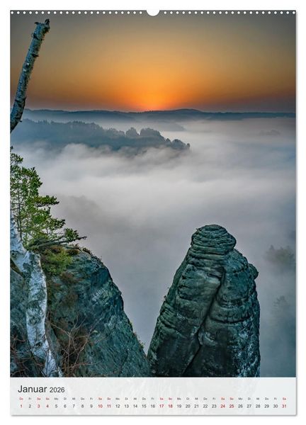 Produktbild: Bastei und Lilienstein - Unterwegs an zwei m&auml;rchenhaften Orten in der S&auml;chsischen Schweiz (hochwertiger Premium Wandkalender 2026 DIN A2 hoch), Kunstdruck in Hochglanz