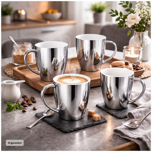 Produktbild: neuetischkultur Becher Set silberfarben mit Henkel 250 ml Porzellan 4 St&uuml;ck Kaffeebecher