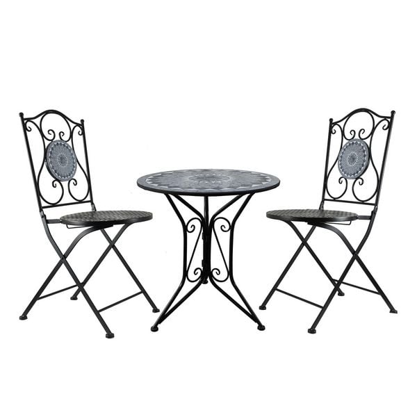Produktbild: HTI-Living Sitzgruppe Metall schwarz Schiefer Tisch mit 2 St&uuml;hlen Balkon Set mit Motiv