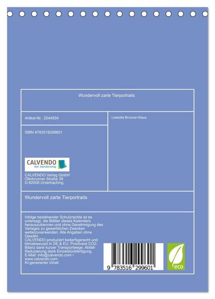 Produktbild: Wundervoll zarte Tierportraits (Tischkalender 2026 DIN A5 hoch), CALVENDO Monatskalender