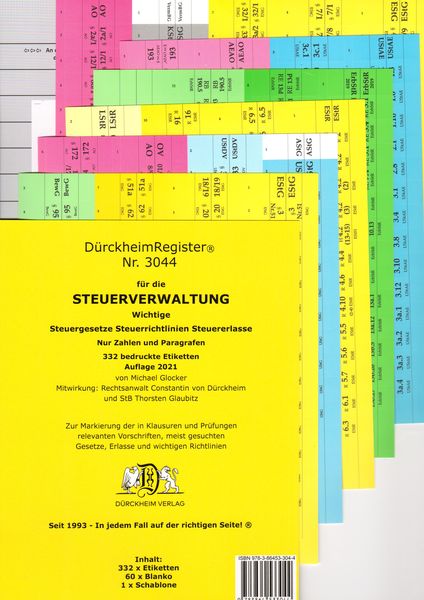 DürckheimRegister® STEUERVERWALTUNG Register für deine AO-AEAO-ErbStG/R-EStG/R-KStG/R-UStG-UStR-: nur Zahlen und §§, ohn