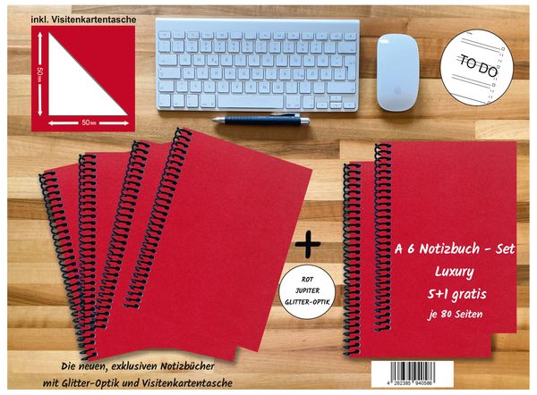 Produktbild: A 6 Notizbuch - Set, 5+1 gratis, Luxury 80 Seiten ROT JUPITER GLITTER-OPTIK, to do