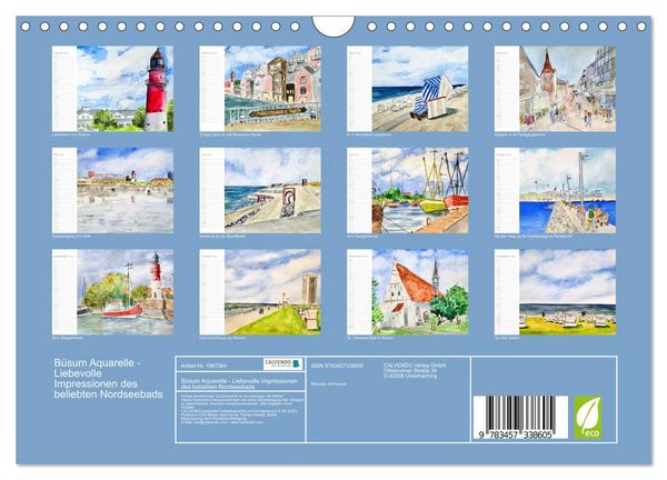 Produktbild: B&uuml;sum Aquarelle - Liebevolle Impressionen des beliebten Nordseebads (Wandkalender 2026 DIN A4 quer), CALVENDO Monatskalender