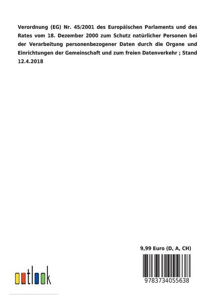 Produktbild: Verordnung (EG) Nr. 45/2001 des Europ&auml;ischen Parlaments und des Rates vom 18. Dezember 2000 zum Schutz nat&uuml;rlicher Personen bei der Verarbeitung perso