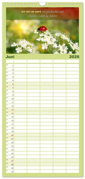 Produktbild: Familienplaner 2026 - YouFeelGood - Positive Impulse f&uuml;r mehr Selbstbewusstsein und Selbstvertrauen mit 5 Spalten (Wandkalender, 21 x 45 cm) CALVENDO