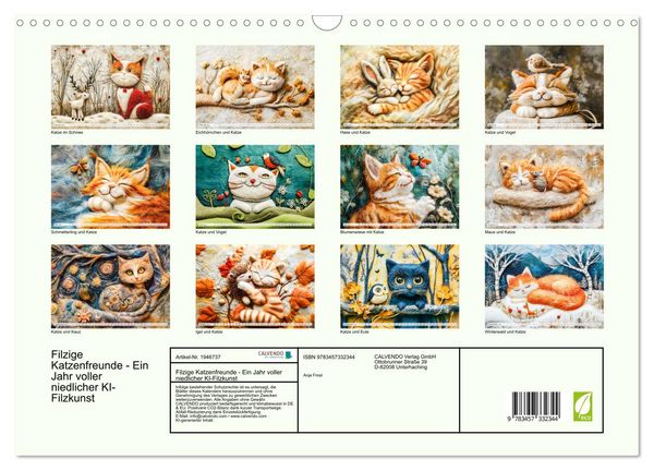 Produktbild: Filzige Katzenfreunde - Ein Jahr voller niedlicher KI-Filzkunst (Wandkalender 2026 DIN A3 quer), CALVENDO Monatskalender
