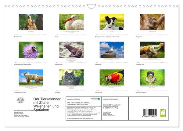 Produktbild: Der Tierkalender mit Zitaten, Weisheiten und Spr&uuml;chen (Wandkalender 2026 DIN A3 quer), CALVENDO Monatskalender