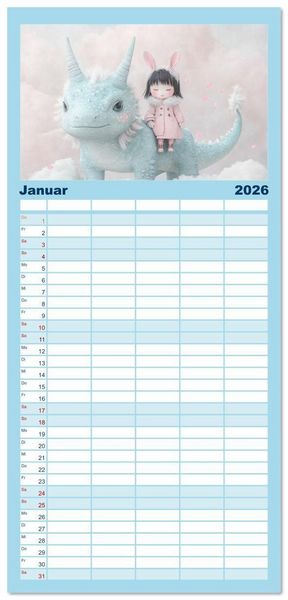 Produktbild: Familienplaner 2026 - Dinozauber &ndash; Wenn Urzeitbewohner zu Freunden werden mit 5 Spalten (Wandkalender, 21 x 45 cm) CALVENDO