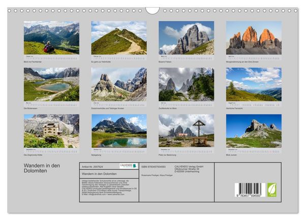 Produktbild: Wandern in den Dolomiten (Wandkalender 2026 DIN A3 quer), CALVENDO Monatskalender