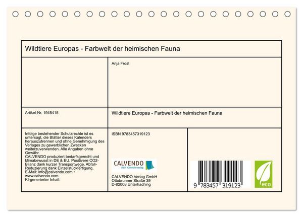 Produktbild: Wildtiere Europas - Farbwelt der heimischen Fauna (Tischkalender 2026 DIN A5 quer), CALVENDO Monatskalender
