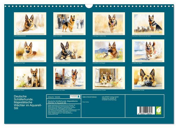 Produktbild: Deutsche Sch&auml;ferhunde. Majest&auml;tische W&auml;chter im Aquarell-Stil (Wandkalender 2026 DIN A3 quer), CALVENDO Monatskalender