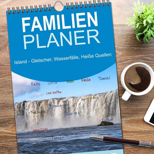 Produktbild: Familienplaner 2026 - Island - Gletscher, Wasserf&auml;lle, Hei&szlig;e Quellen mit 5 Spalten (Wandkalender, 21 x 45 cm) CALVENDO