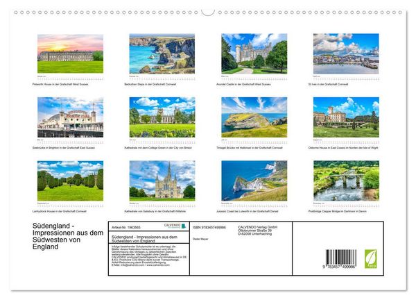 Produktbild: S&uuml;dengland - Impressionen aus dem S&uuml;dwesten von England (hochwertiger Premium Wandkalender 2026 DIN A2 quer), Kunstdruck in Hochglanz