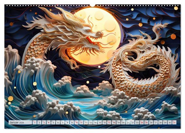 Produktbild: Quilling-Drachen - Jahr des Drachen (hochwertiger Premium Wandkalender 2026 DIN A2 quer), Kunstdruck in Hochglanz