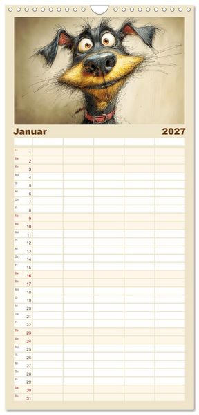 Produktbild: Familienplaner 2027 - Karikatur trifft Hund. Ein Blick auf charmante Vierbeiner mit 5 Spalten (Wandkalender, 21 x 45 cm) CALVENDO
