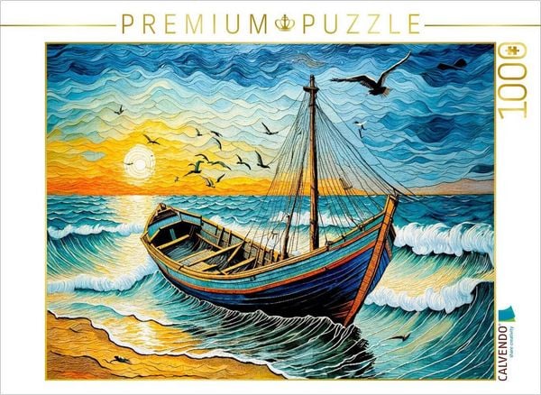 Produktbild: CALVENDO Puzzle Boot auf Wellen im goldenen Sonnenuntergang | 1000 Teile Lege-Gr&ouml;&szlig;e 64x48cm Foto-Puzzle f&uuml;r gl&uuml;ckliche Stunden