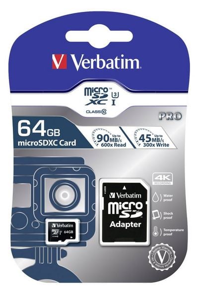 Produktbild: Verbatim PRO microSDXC-Karte 64 GB Class 10, UHS-I, UHS-Class 3 inkl. SD-Adapter