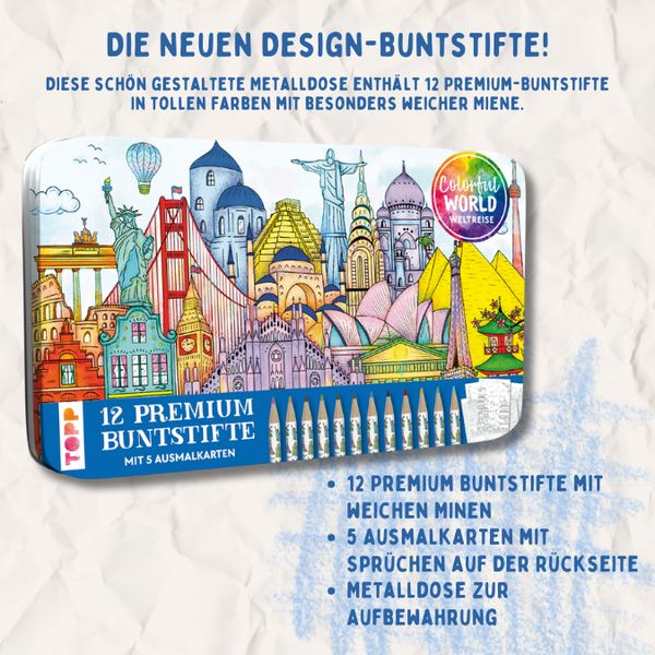 Produktbild: Colorful World Weltreise Designdose mit 12 Buntstiften