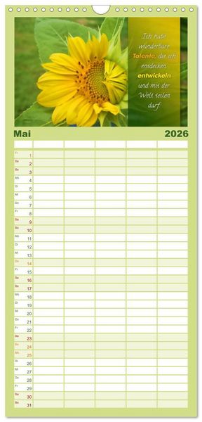 Produktbild: Familienplaner 2026 - YouFeelGood - Positive Impulse f&uuml;r mehr Selbstbewusstsein und Selbstvertrauen mit 5 Spalten (Wandkalender, 21 x 45 cm) CALVENDO