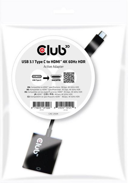 Produktbild: club3D CAC-2504 USB Adapter [1x USB 3.2 Gen 2 Stecker C (USB 3.1) - 1x HDMI-Buchse] Schwarz