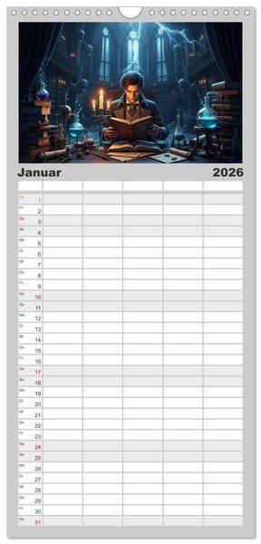 Produktbild: Familienplaner 2026 - Victor Frankenstein und seine Sch&ouml;pfung mit 5 Spalten (Wandkalender, 21 x 45 cm) CALVENDO