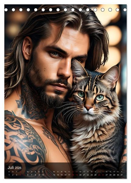 Produktbild: Verschmuste Kerle - Muskeln, Tattoos und Miezekatzen (Tischkalender 2026 DIN A5 hoch), CALVENDO Monatskalender