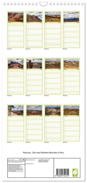Produktbild: Familienplaner 2027 - Palccoyo - Der neue Rainbow Mountain in Peru mit 5 Spalten (Wandkalender, 21 x 45 cm) CALVENDO
