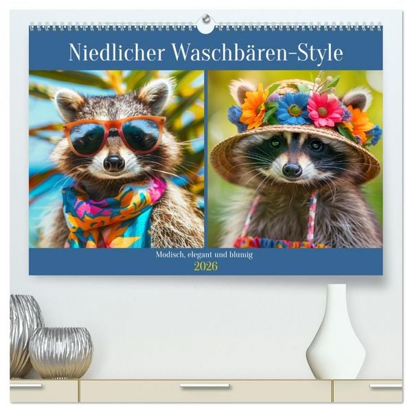 Produktbild: Niedlicher Waschb&auml;ren-Style. Modisch, elegant und blumig (hochwertiger Premium Wandkalender 2026 DIN A2 quer), Kunstdruck in Hochglanz