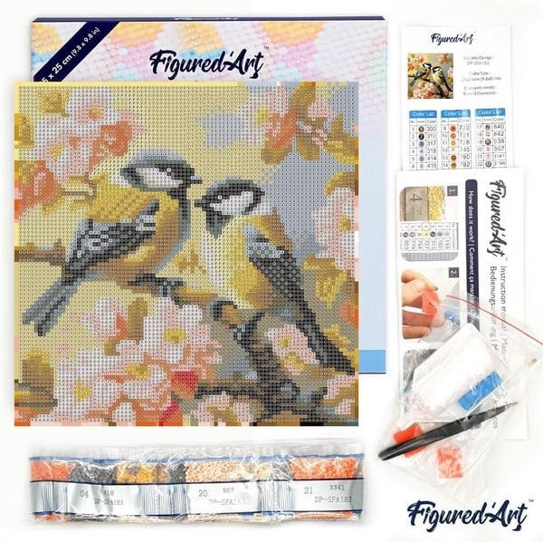 Produktbild: FiguredArt DP-SFA183-Y - Mini Diamond Painting, Vogelpaar zwischen Bl&uuml;ten, Leinwand-Keilrahmen (25x25cm), DIY Bastelset
