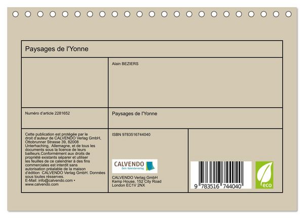 Produktbild: Paysages de l'Yonne (Calendrier de bureau 2026 DIN A5 vertical), CALVENDO calendrier mensuel