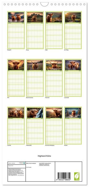Produktbild: Familienplaner 2026 - Highland K&uuml;he mit 5 Spalten (Wandkalender, 21 x 45 cm) CALVENDO