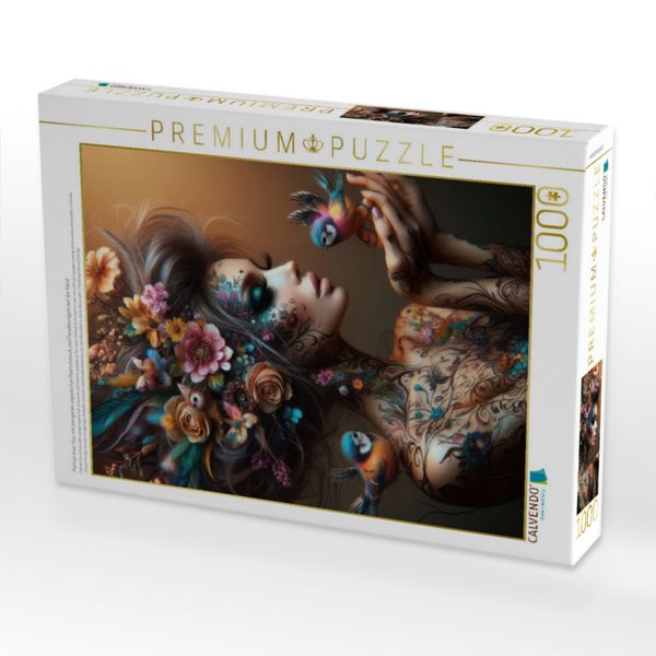 Produktbild: CALVENDO Puzzle Portrait einer Frau mit orangenen organischen Haarschmuck und Paradiesv&ouml;geln auf der Hand | 1000 Teile Lege-Gr&ouml;&szlig;e 64x48cm Foto-Puzzle