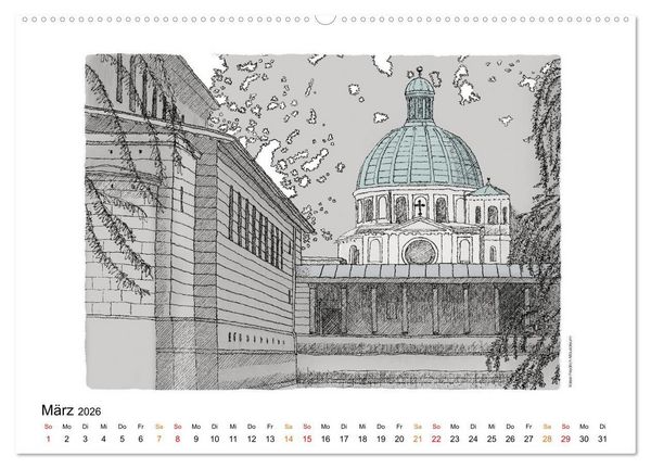 Produktbild: Potsdamer Sehensw&uuml;rdigkeiten in Ink und Farbe (hochwertiger Premium Wandkalender 2026 DIN A2 quer), Kunstdruck in Hochglanz