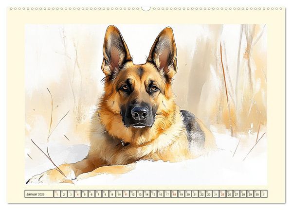 Produktbild: Deutsche Sch&auml;ferhunde. Majest&auml;tische W&auml;chter im Aquarell-Stil (hochwertiger Premium Wandkalender 2026 DIN A2 quer), Kunstdruck in Hochglanz