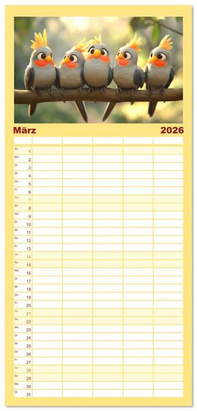 Produktbild: Familienplaner 2026 - Klein, laut, lustig - Nymphensittiche mit 5 Spalten (Wandkalender, 21 x 45 cm) CALVENDO