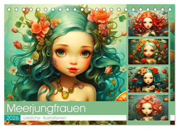 Produktbild: Zauberhafte Meerjungfrauen. Liebliche Illustrationen (Tischkalender 2026 DIN A5 quer), CALVENDO Monatskalender