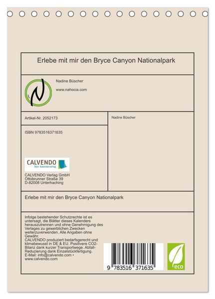 Produktbild: Erlebe mit mir den Bryce Canyon Nationalpark (Tischkalender 2026 DIN A5 hoch), CALVENDO Monatskalender