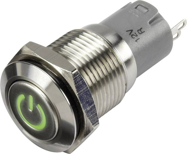 Produktbild: TRU COMPONENTS 1303017 LAS2GQF-11ZDT/G/12V/S/P Druckschalter 48 V/DC 2 A 1 x Ein/Ein rastend Gr&uuml;n IP65 1 St.