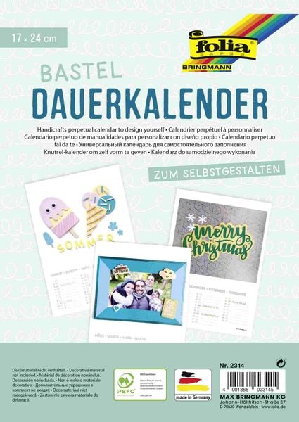 Folia Dauerkalender mit Spiralbindung 220g/m², 17x24cm, Papier weiß, Druck schwarz