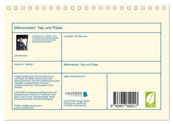 Produktbild: Mikronesien: Yap und Palau (Tischkalender 2026 DIN A5 quer), CALVENDO Monatskalender
