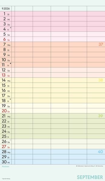 Produktbild: Superplaner Farbenfroh 2026 - 5 Spalten - Familienkalender 26x45 cm - Offset-Papier - mit Ferienterminen - Wandkalender - Wandplaner