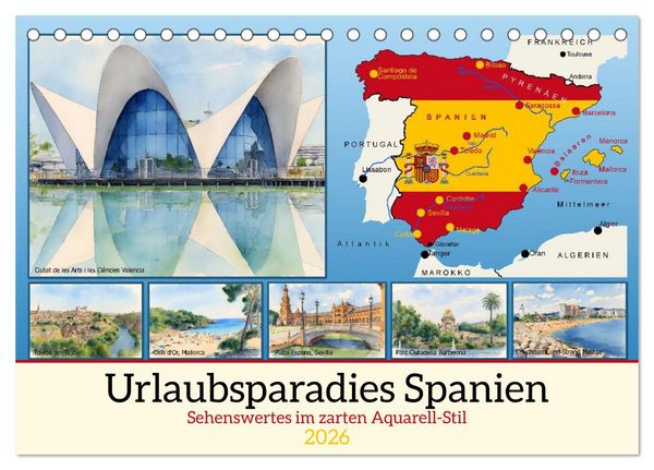 Urlaubsparadies Spanien (Tischkalender 2026 DIN A5 quer), CALVENDO Monatskalender