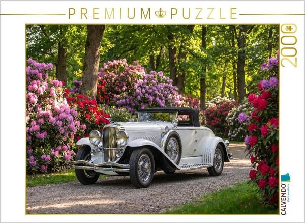 CALVENDO Puzzle Duesenberg Model J Convertible Coupe (USA, 1929-35) auf einem Parkweg mit prächtigen Rhododendren | 2000 Teile Lege-Größe 90 × 67 cm Foto-Puzzle für glückliche Stunden