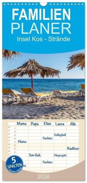 Produktbild: Familienplaner 2026 - Insel Kos - Str&auml;nde mit 5 Spalten (Wandkalender, 21 x 45 cm) CALVENDO