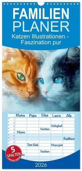 Produktbild: Familienplaner 2026 - Katzen Illustrationen - Faszination pur mit 5 Spalten (Wandkalender, 21 x 45 cm) CALVENDO