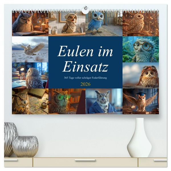 Produktbild: Eulen im Einsatz - 365 Tage voller schr&auml;ger Federf&uuml;hrung (hochwertiger Premium Wandkalender 2026 DIN A2 quer), Kunstdruck in Hochglanz
