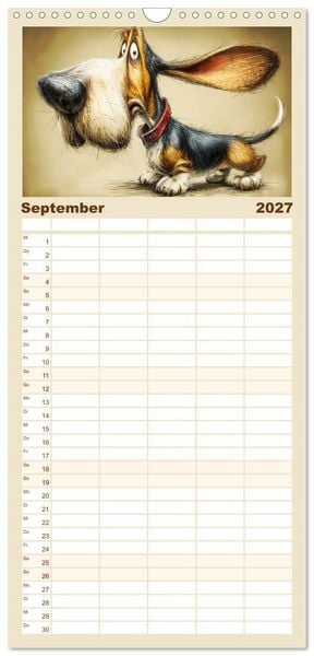 Produktbild: Familienplaner 2027 - Karikatur trifft Hund. Ein Blick auf charmante Vierbeiner mit 5 Spalten (Wandkalender, 21 x 45 cm) CALVENDO