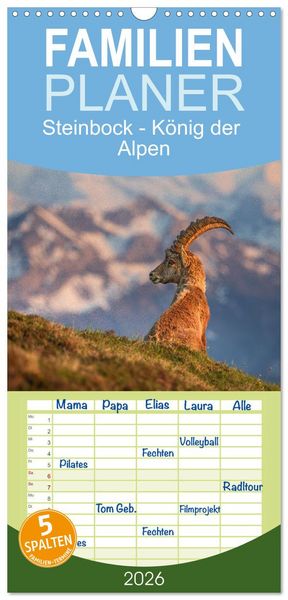 Familienplaner 2026 - Steinbock - König der Alpen mit 5 Spalten (Wandkalender, 21 x 45 cm) CALVENDO