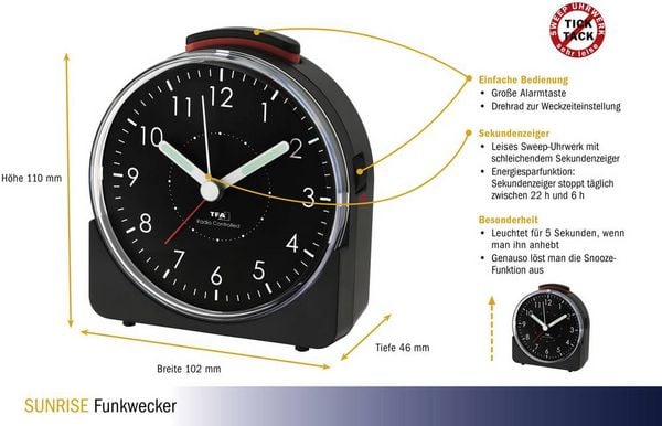 Produktbild: TFA Dostmann 60.1513.01 Funk Wecker Schwarz Fluoreszierend Zeiger